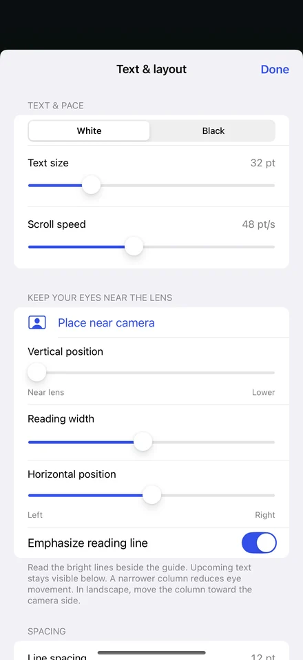 Text and layout settings, including reading width, speed, and Place near camera